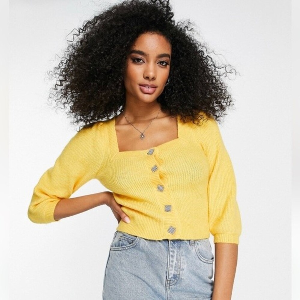 River Island crystal button front knit top in orange size 4